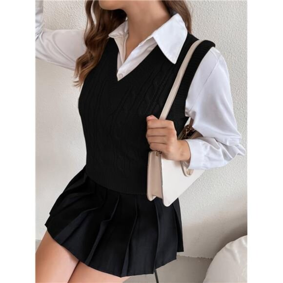 Solid Cable Knit Sweater Vest Without Blouse - Picture 3 of 6